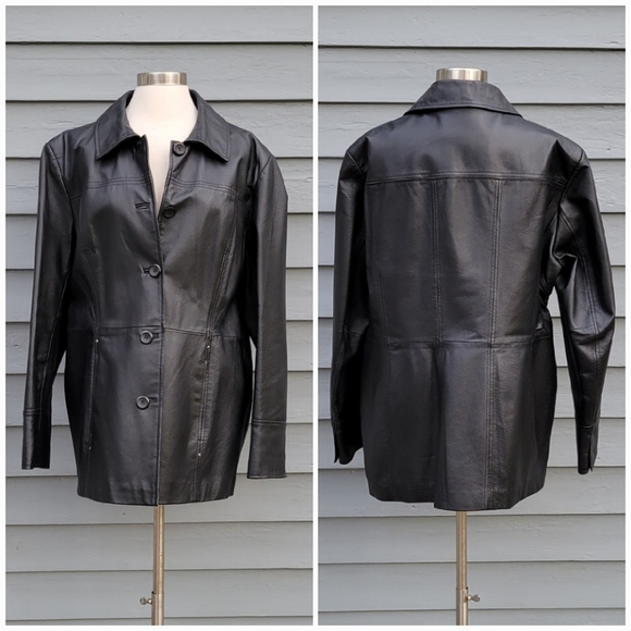 Vintage Jackets & Blazers - Vintage 90s y2k Black Leather Button Down Moto Biker Racer Racing Midi Car Coat